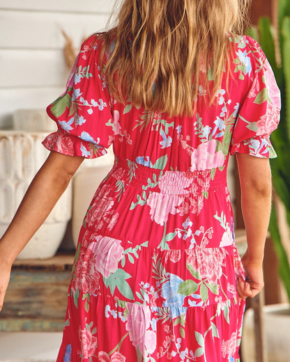 Vestido Largo con Escote en V y Mangas Elásticas